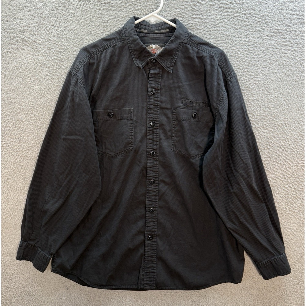 Harley Davidson‎ Shirt Adult XL Black Striped Embroidered Biker Motorcycle Mens
